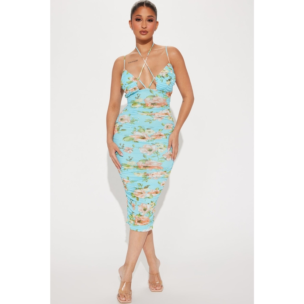 Fashion Nova Ocean Floor Floral Strappy Midi Dress